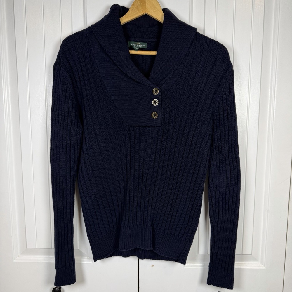 VTG Lauren Ralph Lauren Navy Cotton Knit Cowl Neck Bronze Button XL Sweater